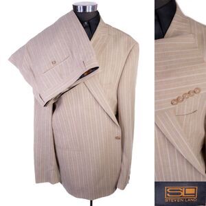 Steven Land 2-Pcs Striped Beige Super 150's Wool Blazer Jacket 56L Pants 52x30